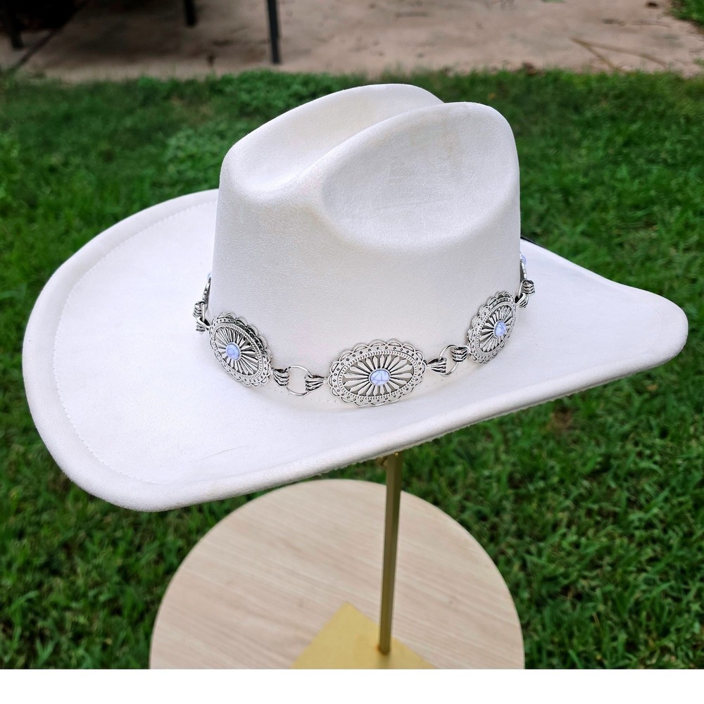 White Faux Suede Cowboy Hat with Silver Concho Turquoise Bead Band Western Style